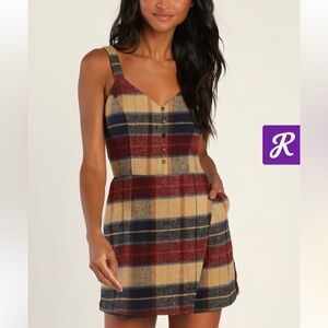 NWT LULUS SKORT ORDER BURGUNDY & NAVY PLAID WRAP SKORT ROMPER SZ S